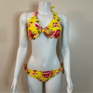 Yellow swimwear floral print top and bikini bottom  two piece set